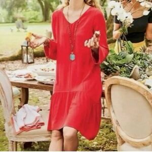 Soft Surroundings orange gauzy vneck ruffle hem vneck dress